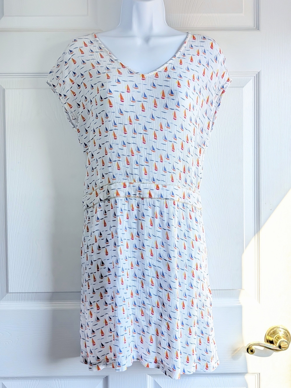 White Mini Dress with Orange & Navy Sailboat Print Large